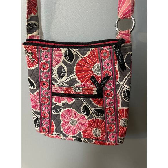 Vera Bradley Quilted Floral Crossbody / Messenger Bag • Gray, Pink & Coral - Picture 2 of 7